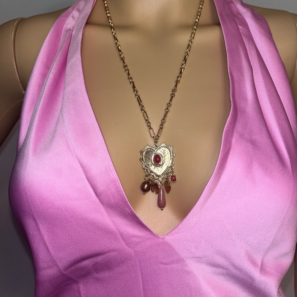 Francesca's Collections Gold Heart Pendant Necklace with Pink Accents